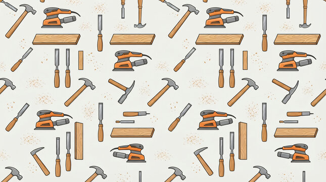 Carpentry and woodworking seamless pattern with flat vector tools. Modern background featuring hand sanders, wooden planks, and artisan workshop elements for hardware store packaging and fabric print.