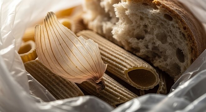 Close up view of raw penne pasta and bread crust inside plastic bag