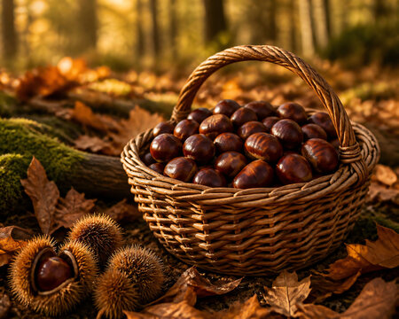 Chestnut gathering basket autumn forest floor