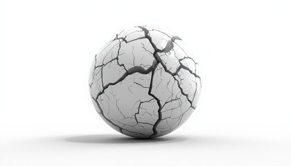 Fototapeta premium White cracked stone sphere with deep fissures and weathering texture on white background weathered stone fissure ball broken surface damaged globe ceramic cracks aged texture abstract object