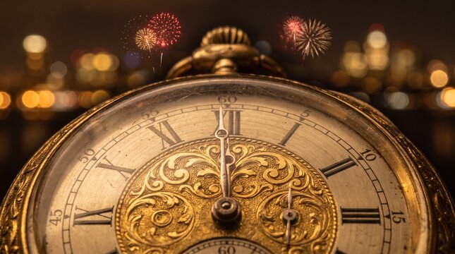 Antique Pocket Watch Ticking Towards Midnight on New Year's Eve with City Lights and Fireworks