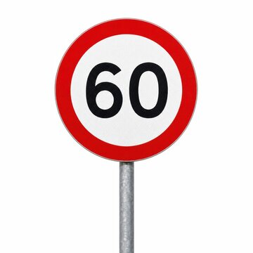 circular road sign with a red border displaying the number 60, indicating a speed limit of 60 kilometers or miles per hour.