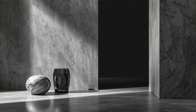 Luxury Minimalist Marble Interior with Black Stone and Dramatic Natural Light