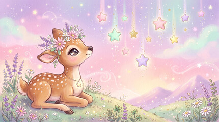 Fototapeta premium Cute kawaii fawn with a flower crown looking at falling stars. Baby deer resting in a pastel meadow with mountains. Magical fantasy landscape illustration