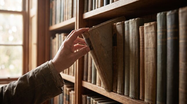 Close-up of a hand choosing a book from a neatly arranged library shelf, symbolizing literacy, reading, education, knowledge, and access to information.