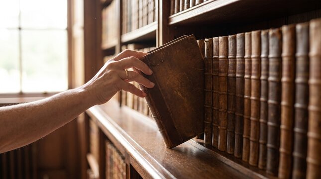 Close-up of a person gently pulling a book from a library shelf, representing literacy, reading, education, knowledge, research, and the pursuit of learning.