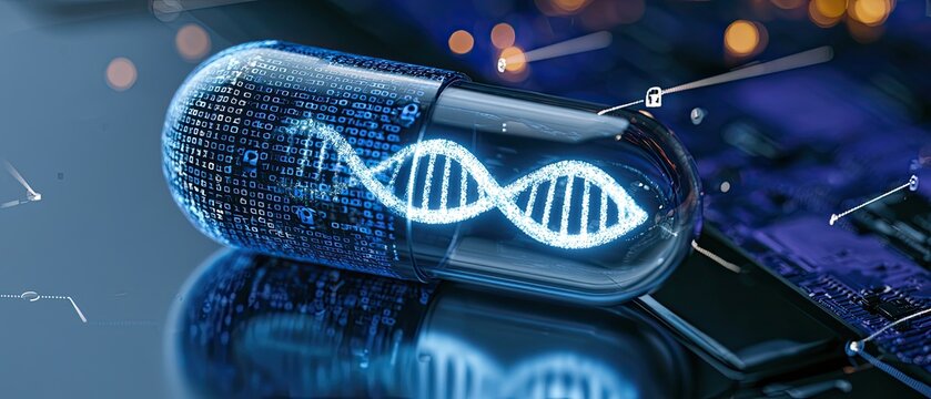 Digital DNA Pill on Blue Circuit Board, Genetic Medical Technology Concept, Binary Code and Holographic Glowing Medicine, Futuristic Biopharmaceutical 3D Visual Asset