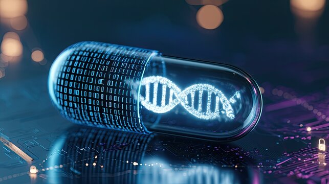 Digital DNA Pill on Blue Circuit Board, Genetic Medical Technology Concept, Binary Code and Holographic Glowing Medicine, Futuristic Biopharmaceutical 3D Visual Asset