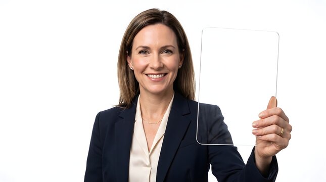 Professional woman in business suit holding a transparent glass frame against white background.
