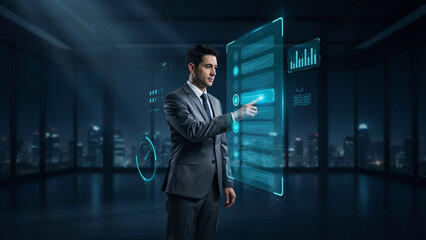 Fototapeta premium Business executive selecting a satisfaction option on a transparent virtual interface with glowing checklist and review graphics, representing client feedback and service quality