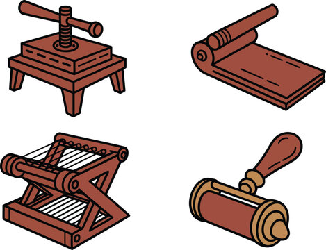Vintage bookbinding traditional tools vector icon set featuring wooden book press sewing frame bone folder and ink brayer isolated on white background