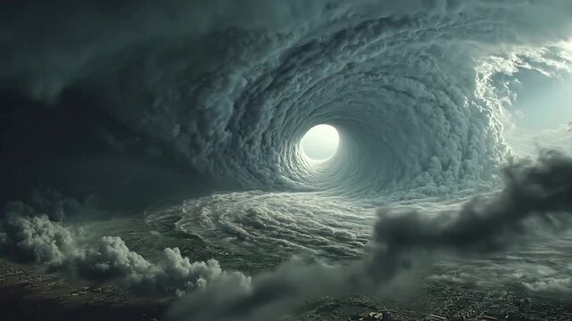 Giant hurricane storm clouds swirling over dark landscape.