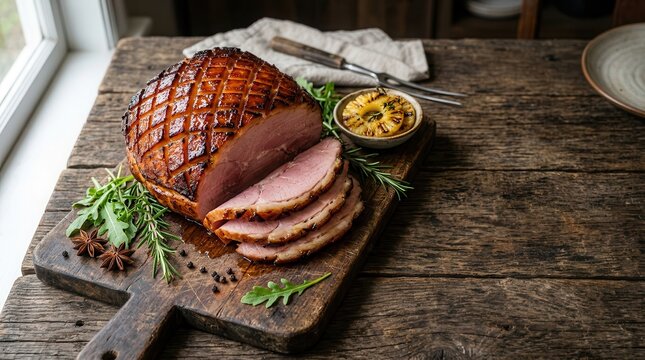 Glazed Easter ham with brown sugar, honey, and pineapple on a wooden board.