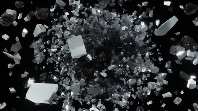 Abstract 3D Explosion of Metallic Crystal Fragments with Dynamic Motion and Cinematic Lighting on Black Background