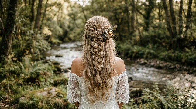 Beautiful blond hair in a bohemian bridal braiding hairstyle.