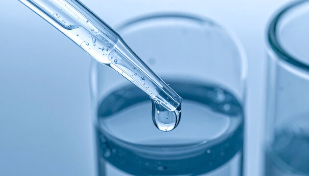 Science Experiment Droplet: A close-up shot captures a single drop of liquid falling from a glass pipette into a beaker, symbolizing scientific discovery and laboratory precision.