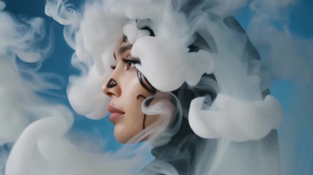 Artistic Hijab Portrait of Muslim Woman with Face Paint and Surreal Ethereal Smoke Concept