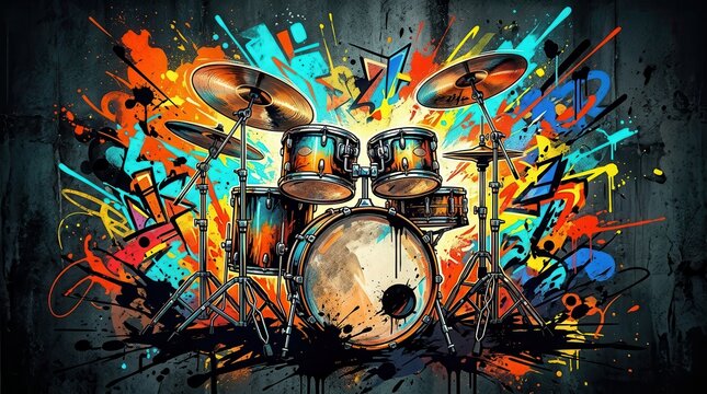 Colorful graffiti street art featuring a jazz drums musical instrument silhouette.