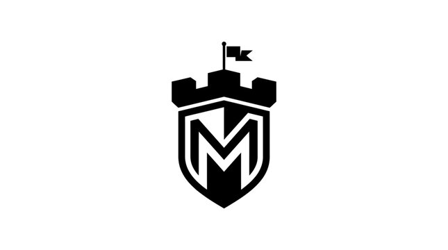 Black castle shield logo featuring letter M and flag.