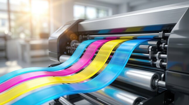 Professional plotter and high quality printer with colorful ribbons for printing services.