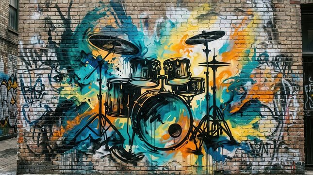 Colorful graffiti art featuring a jazz music drum kit silhouette on a textured wall.