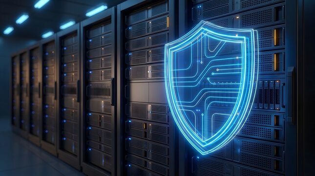 Glowing Blue Cyber Security Shield Hologram Protecting Server Room Racks for Data Center Privacy and Network Firewall Concept