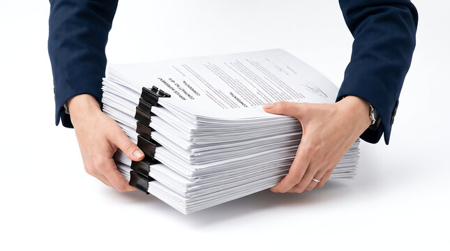Businessman hands holding a large stack of organized paper documents with binder clips isolated on white background