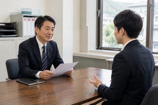 Japanese hiring manager interviewing young job candidate at regional company