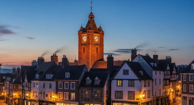 Townscape with clock tower at dusk