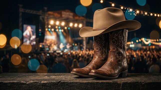 Western cowboy hat and boots on a wooden surface at a live country music event.