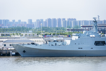 Chinese naval warship moored alongside a quay on the Yangtze River near Shanghai. © Mariusz