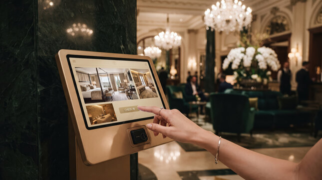 Customer using interactive touchscreen self-service kiosk in luxurious hotel lobby with digital terminal customer interaction luxury hotel electronic device modern interior guest service
