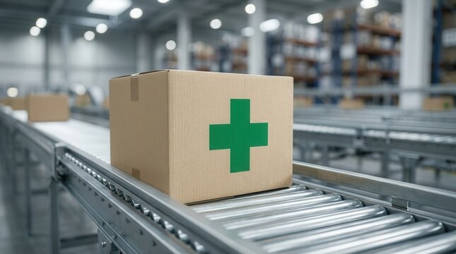 Medical supply boxes with a green cross symbol moving on a conveyor belt.