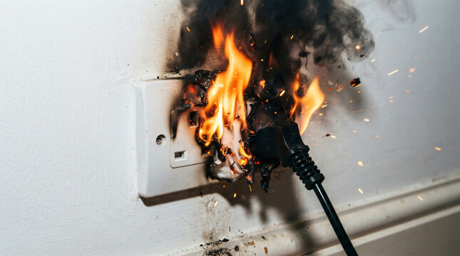  Concept stock photo of a dangerous electrical fire in a wall socket. Overloaded power plug burning with flames and smoke, illustrating domestic hazard, accident prevention, and insurance risk.