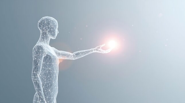 Futuristic wireframe human figure holding glowing light orb in hand, 3D digital render concept for artificial intelligence machine learning and modern technology