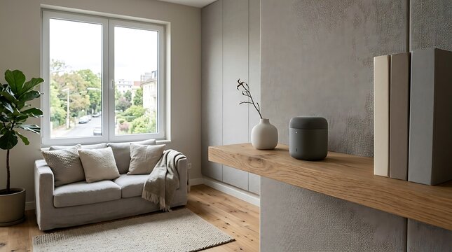 Minimalist living room featuring a gray fabric sofa with neutral pillows, potted fiddle leaf fig plant, floating wooden shelf with smart speaker, vase, and books near a window.
