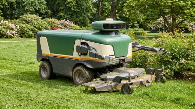 Autonomous lawn mower robot cutting green grass inside green orchard