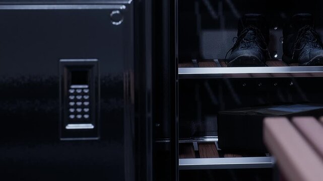 A dark locker is shown with a keypad on the door. Inside, there are black shoes on the upper shelf and a black box on the lower shelf. The setting has low lighting.