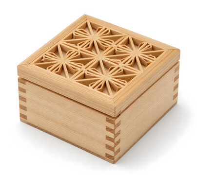Japanese Kumiko Wooden Small Box with Geometric Lid 3D Render Isolated on White Background
