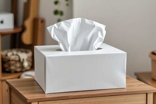 White tissue box sits on wooden surface