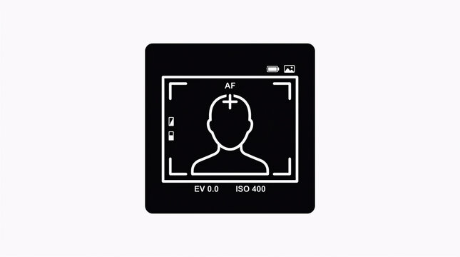 Minimalist camera viewfinder interface icon showing portrait focus tracking with EV and ISO settings on a dark background.