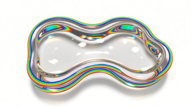 Abstract liquid metal shape morphs with iridescent rainbow chrome reflections on white background, fluid dynamic movement, looped animation.