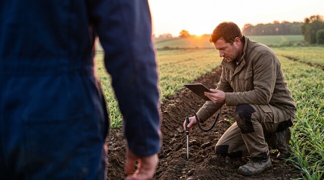 Agronomist measuring soil quality and moisture with an electronic sensor probe connected to a digital tablet during sunset in a field