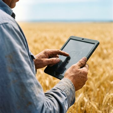Close-up of a modern farmer using a digital tablet for crop management in a golden wheat field