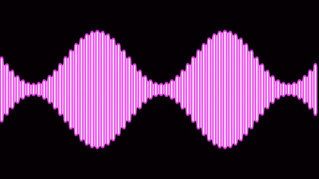 Abstract pink glowing sound wave animation. Neon audio equalizer and voice visualizer waveform on black background loop