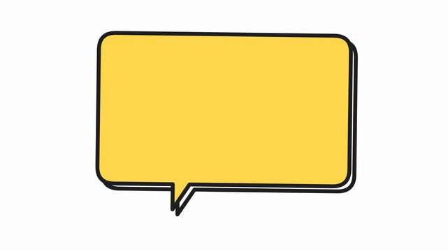2D animated yellow comic book speech bubble appearing on white background. Retro pop art chat box text placeholder motion graphic
