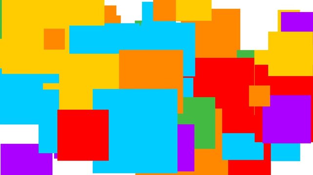Abstract animation of bright colorful squares appearing and overlapping on white background. Dynamic flat geometric shapes transition motion graphic