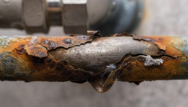 Heavily rusted household plumbing pipe with a small crack releasing clear water.