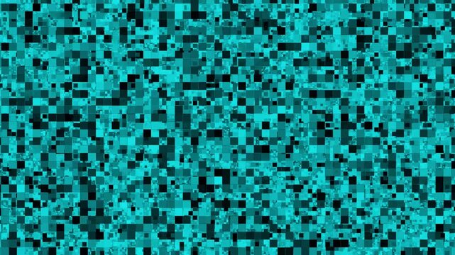 Abstract cyan digital noise background with flickering square pixels and static glitch effect creating dynamic motion pattern for technology video projects and backgrounds.