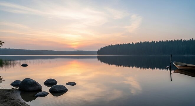 Tranquil lake sunset landscape